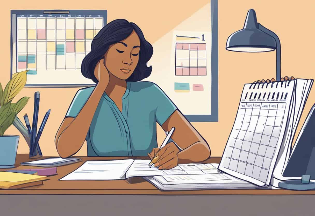 A woman sits at a desk with a calendar, pen, and notebook, tracking her perimenopause symptoms. She looks focused and determined