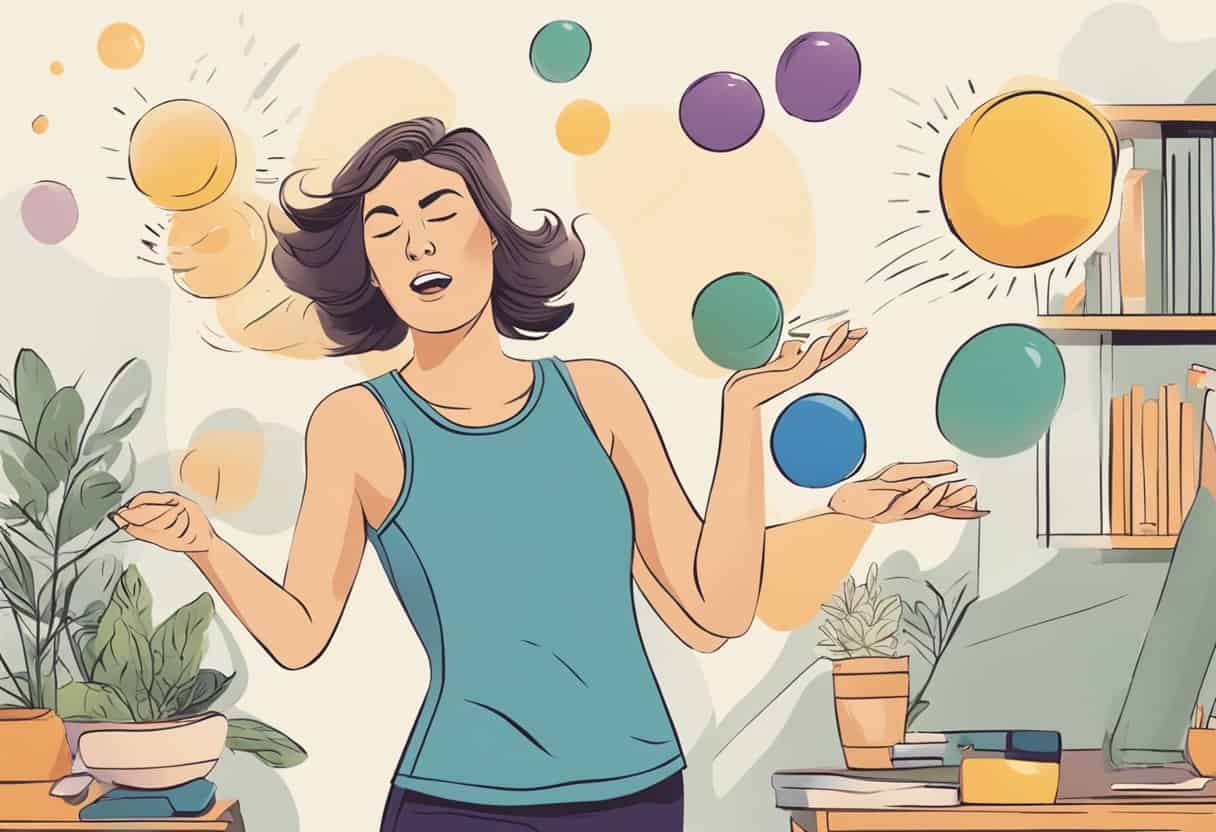 A woman juggling hot flashes, mood swings, and fatigue while trying to stay balanced