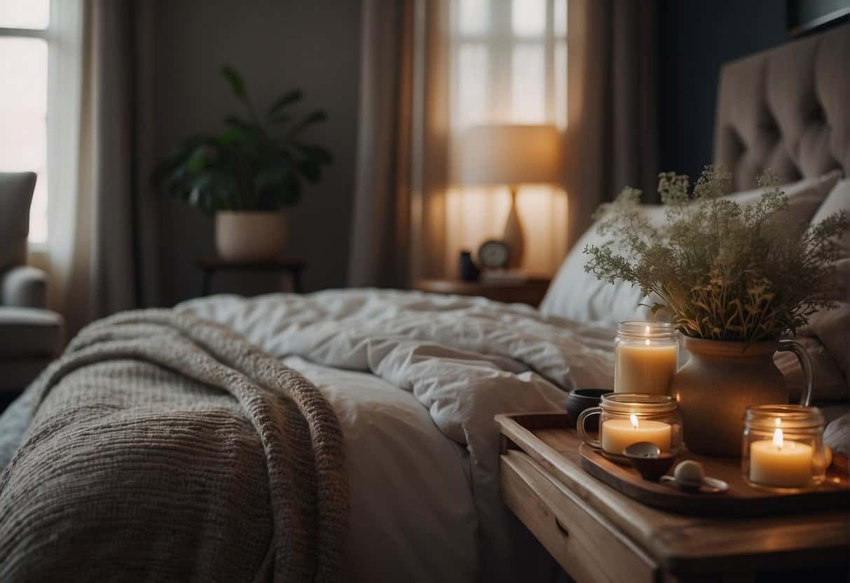 A peaceful bedroom with herbal teas and calming essential oils. A cozy bed with comfortable pillows and soft blankets. Quiet surroundings with dim lighting for relaxation
