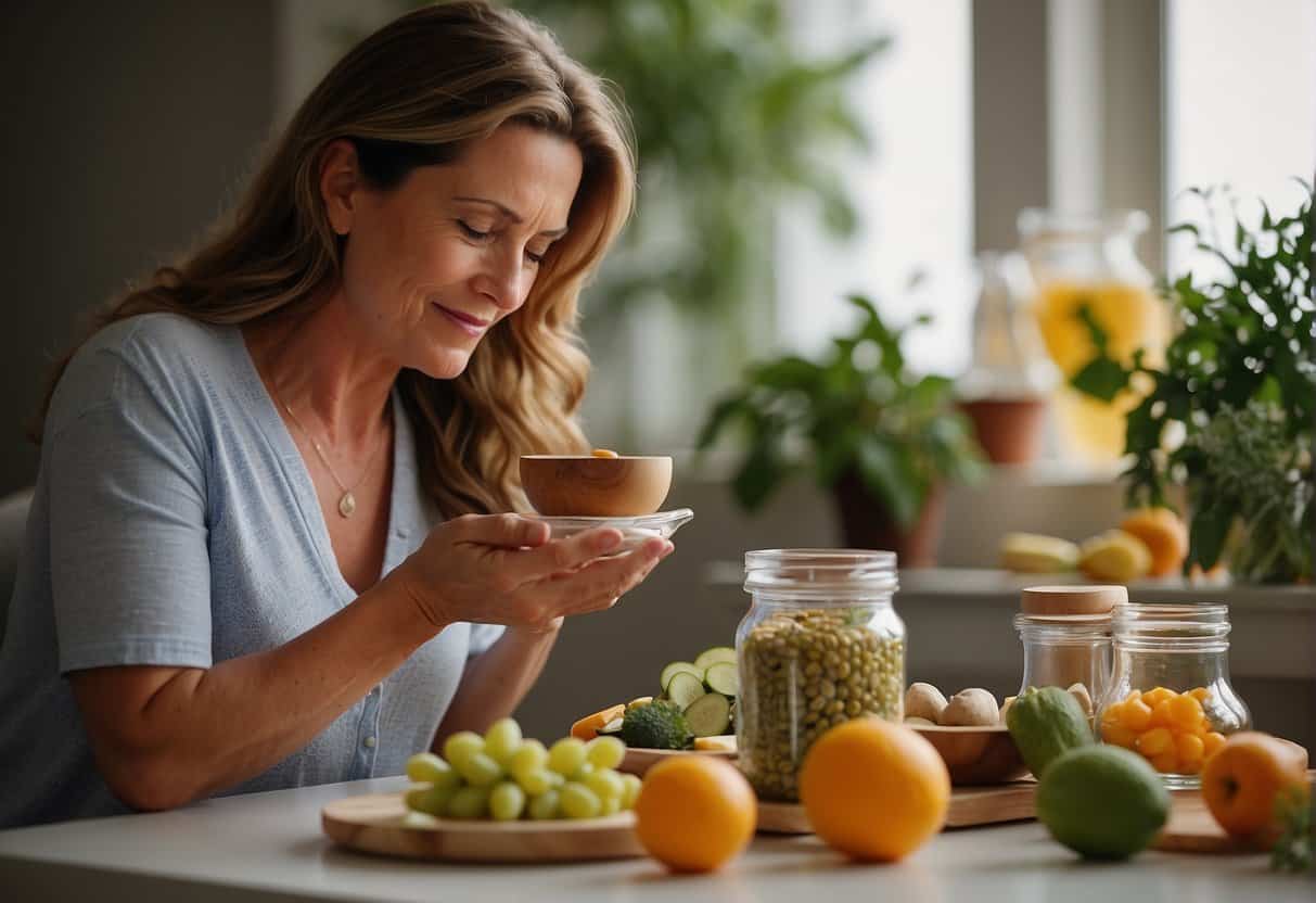 A woman adjusting her diet, choosing natural remedies for menopause sleep problems