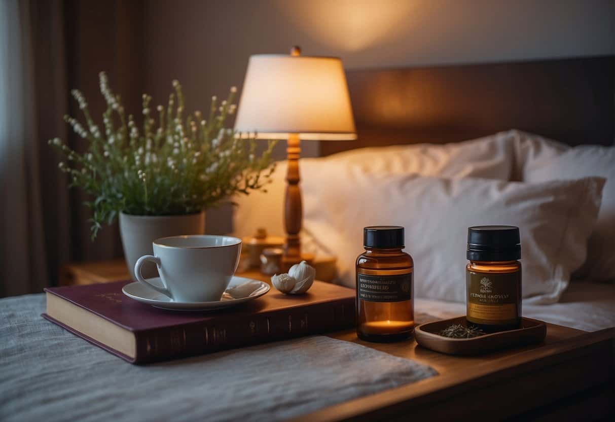 A serene bedroom with dim lighting, herbal tea on a nightstand, and a book on natural remedies for menopause sleep problems