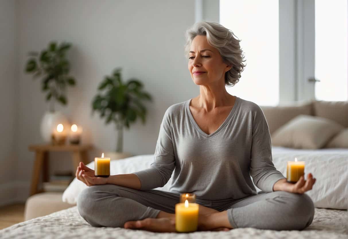 A serene woman practicing yoga in a peaceful bedroom, surrounded by calming essential oils and herbal teas for menopause sleep problems