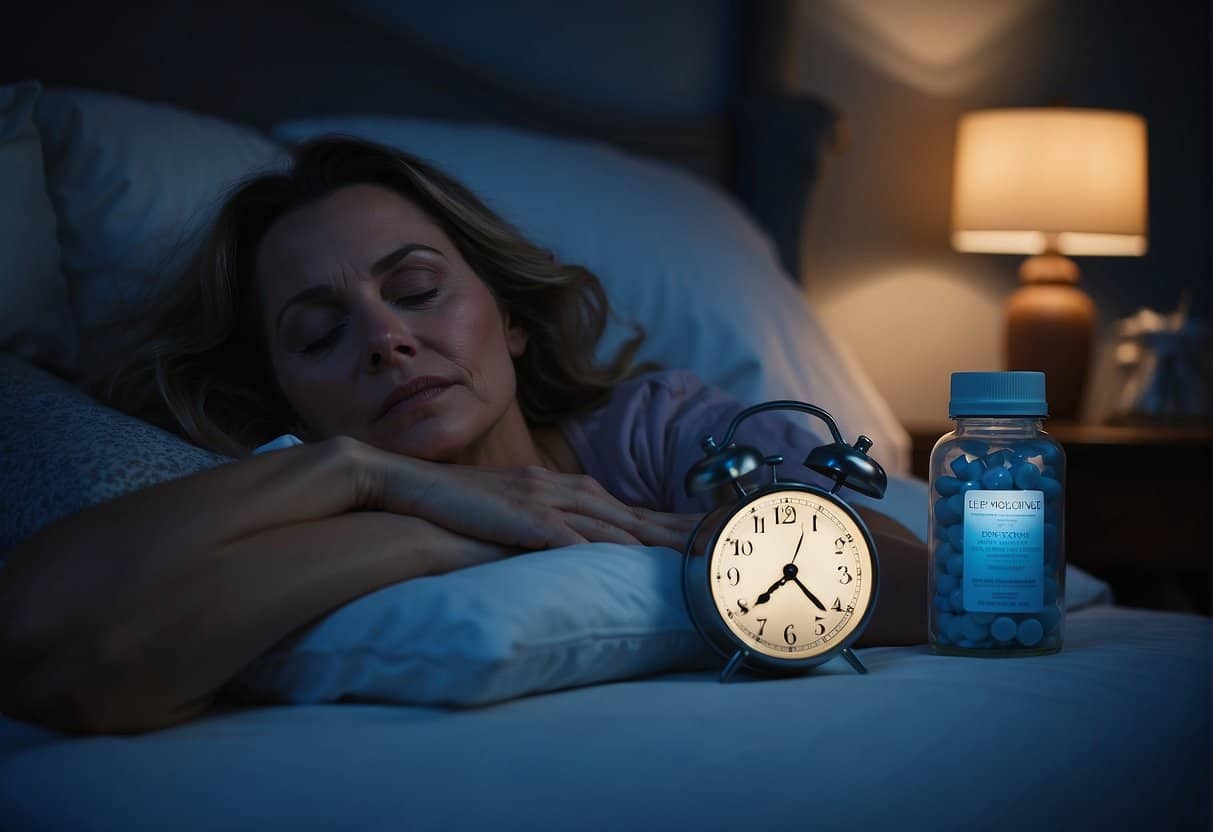 A woman lies awake in bed, surrounded by empty bottles of menopause sleep supplements. The clock on the nightstand reads 3:00 am, and the room is bathed in a soft, blue moonlight