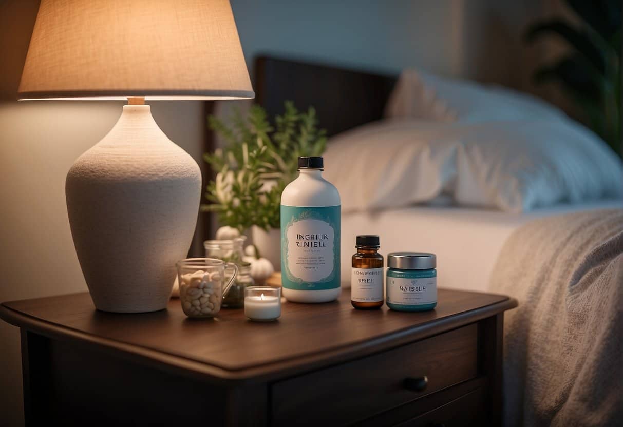A serene bedroom with a nightstand holding bottles of natural sleep aids and menopause supplements, surrounded by calming decor and soft lighting