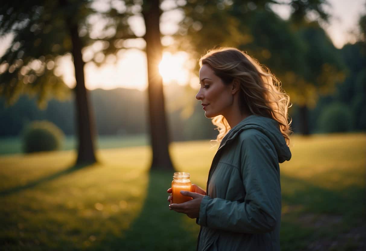 A woman takes a walk in the evening, surrounded by calming nature. She prepares a healthy, balanced meal and takes a sleep supplement before bed