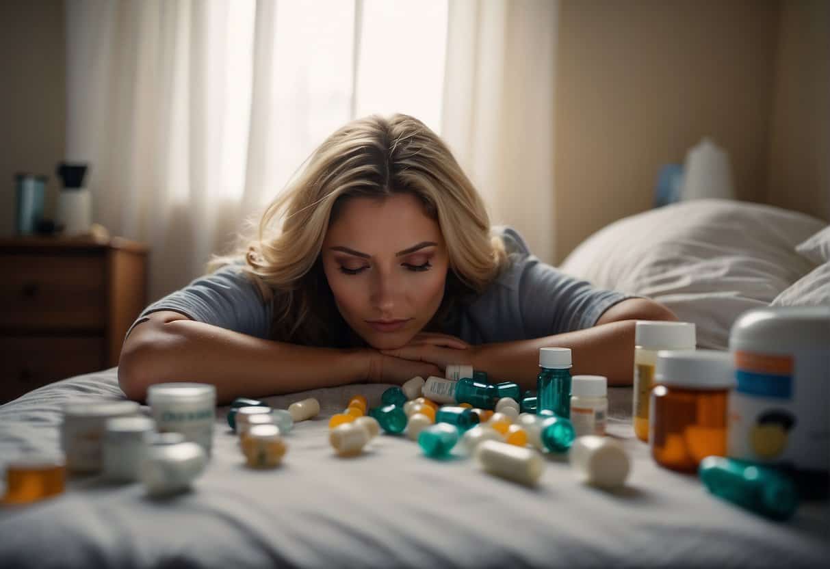 A woman battles exhaustion, surrounded by scattered pills and herbal supplements on a cluttered bedside table