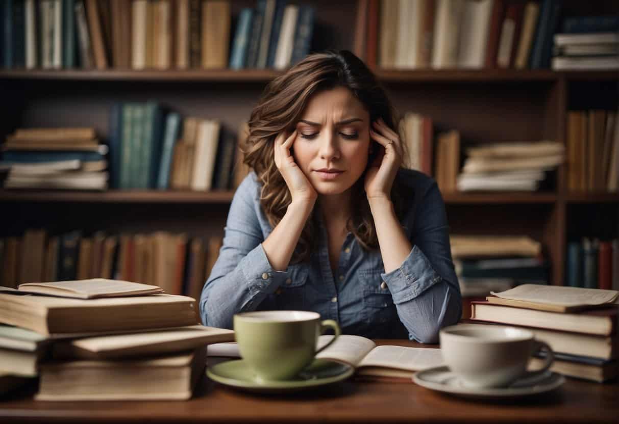 A woman sitting at a desk with a cup of tea, surrounded by books and papers. She looks tired and fatigued, rubbing her eyes and yawning