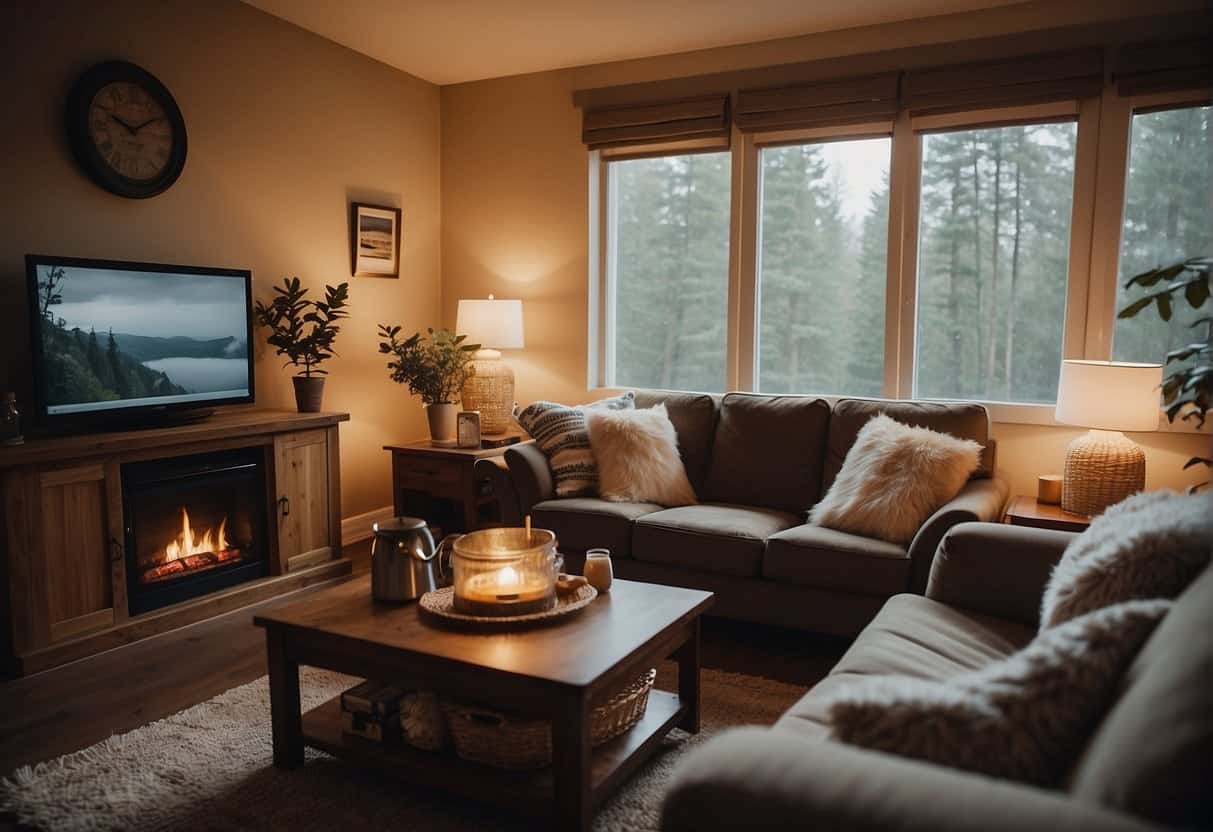 A cozy living room with warm lighting, herbal teas, and a comfortable chair for relaxation