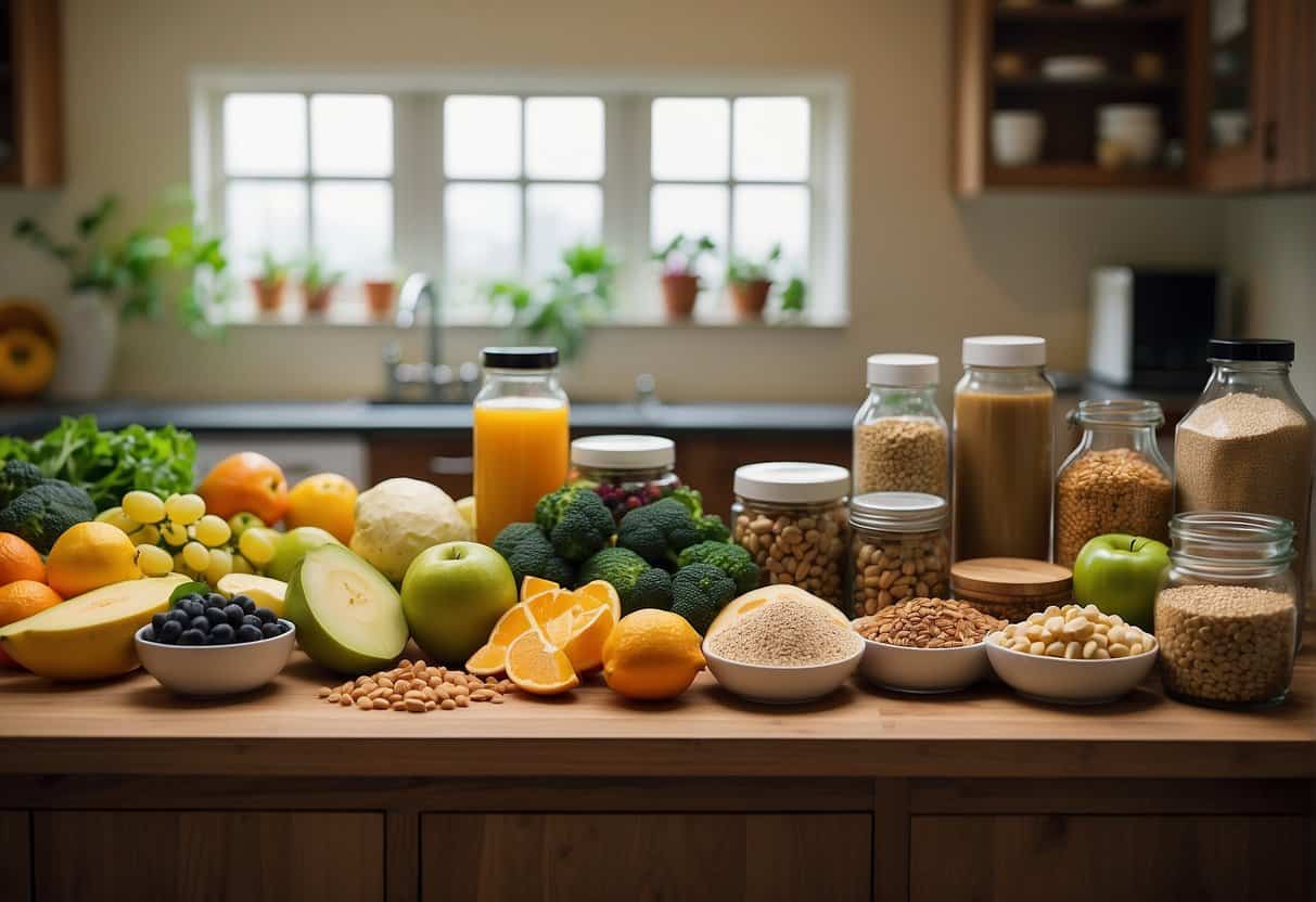 A kitchen counter with a variety of healthy foods and supplements, such as fruits, vegetables, whole grains, and vitamins, arranged neatly and colorfully