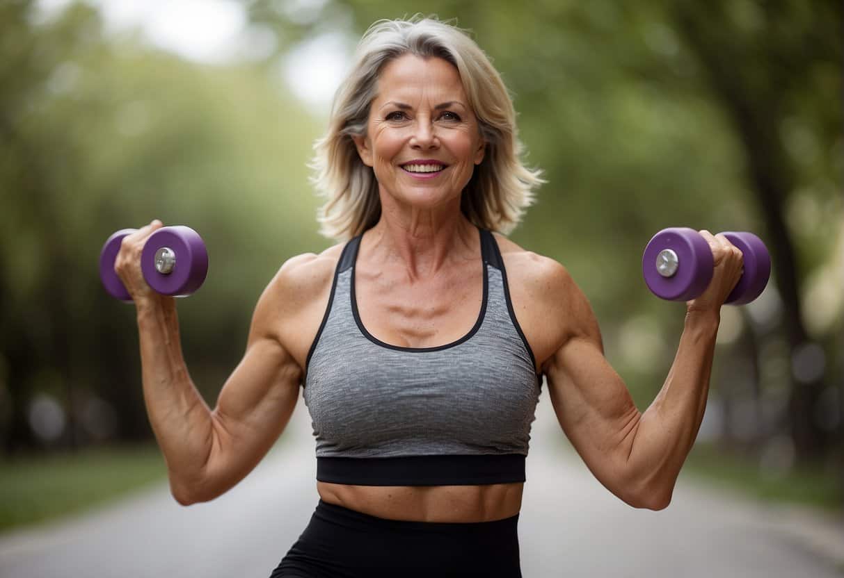 Menopausal woman exercising with weights, doing yoga, and walking. Nutritious meals and portion control emphasized
