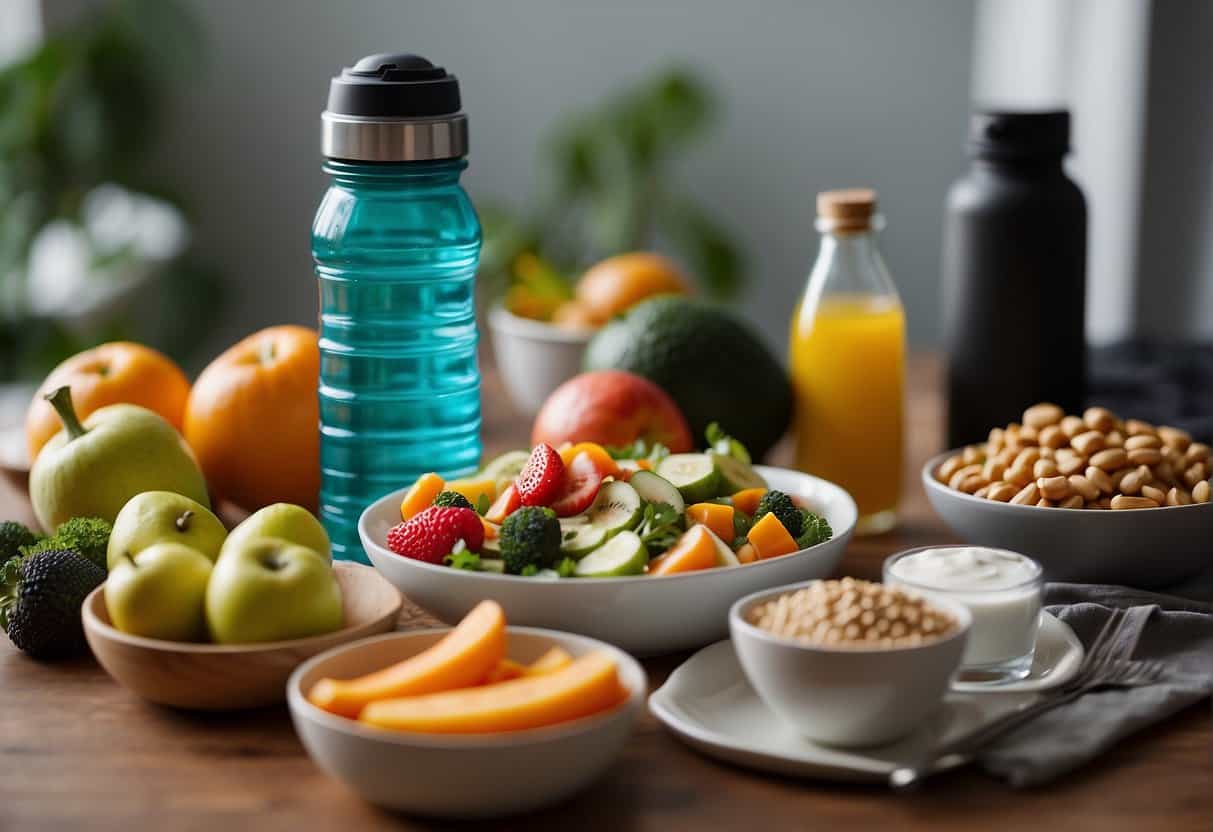 A table with healthy food options, a water bottle, and exercise equipment. Supplement bottles labeled "best menopause supplements for weight loss" displayed nearby