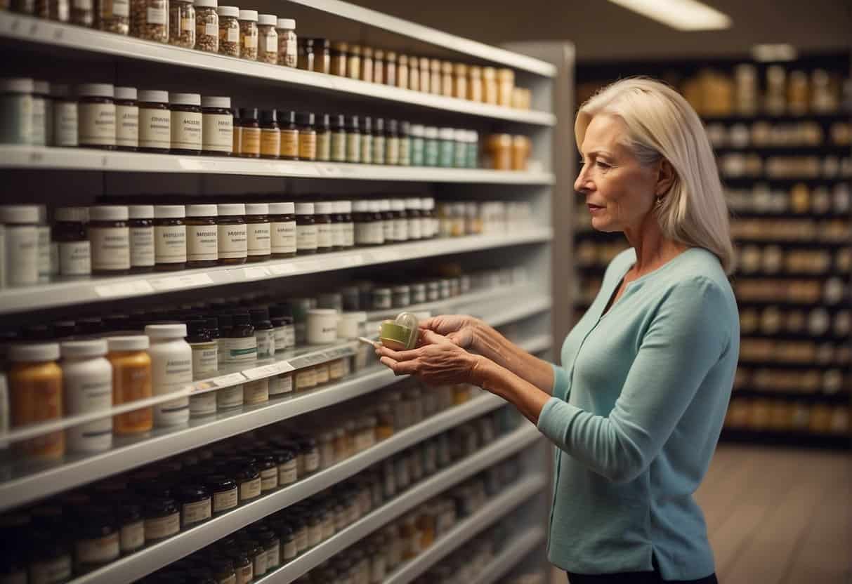 A woman selects menopause supplements from a shelf, with various options for weight loss prominently displayed
