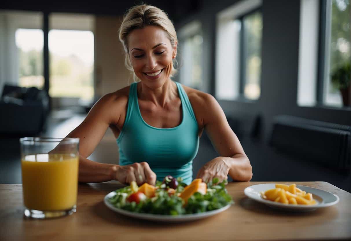 A woman exercises and eats a balanced diet to prevent menopause weight gain
