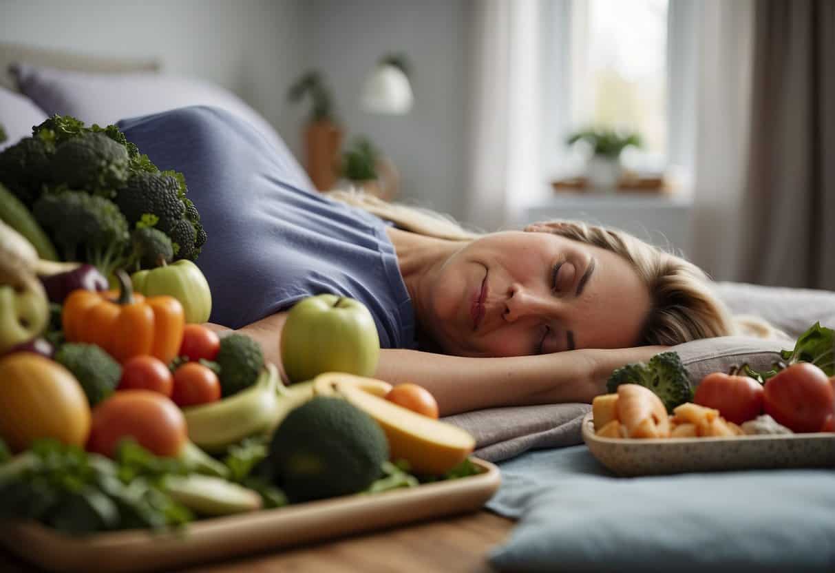 A woman sleeps peacefully, surrounded by healthy food and exercise equipment, representing the battle against menopause weight gain