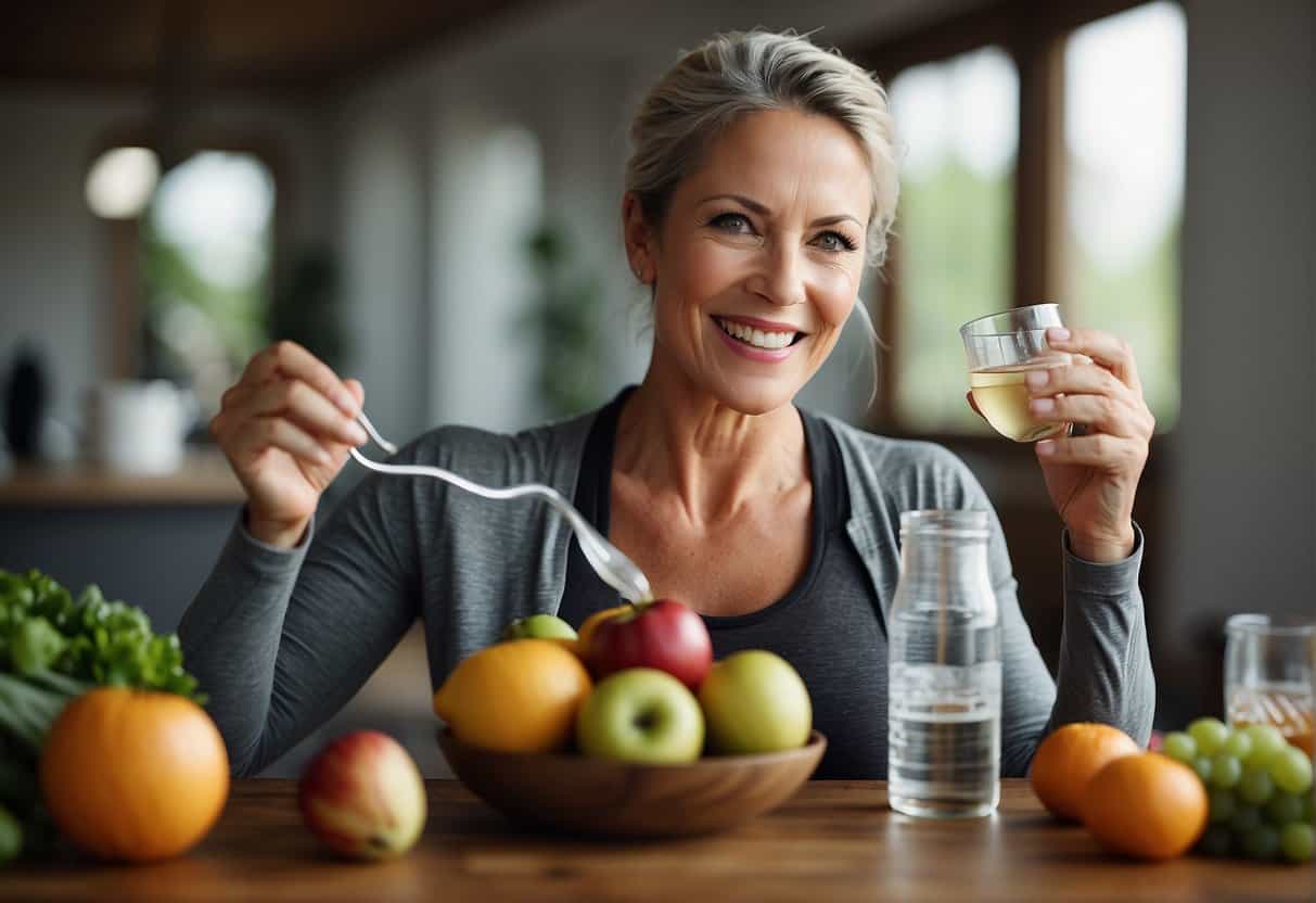 A woman exercising, eating healthy food, and drinking water to combat menopause weight gain