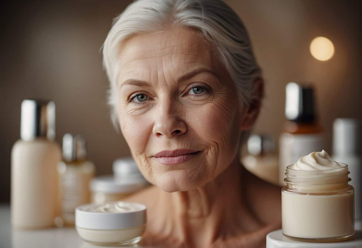 A close-up of aged skin with visible wrinkles and dry patches, surrounded by skincare products and moisturizing creams