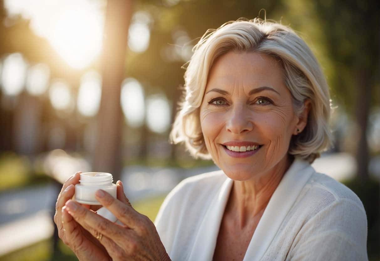 A woman in her 50s applies moisturizer to her face, followed by sunscreen. She then gently massages a serum onto her skin, focusing on areas with fine lines and wrinkles. Finally, she finishes off with a hydrating eye cream