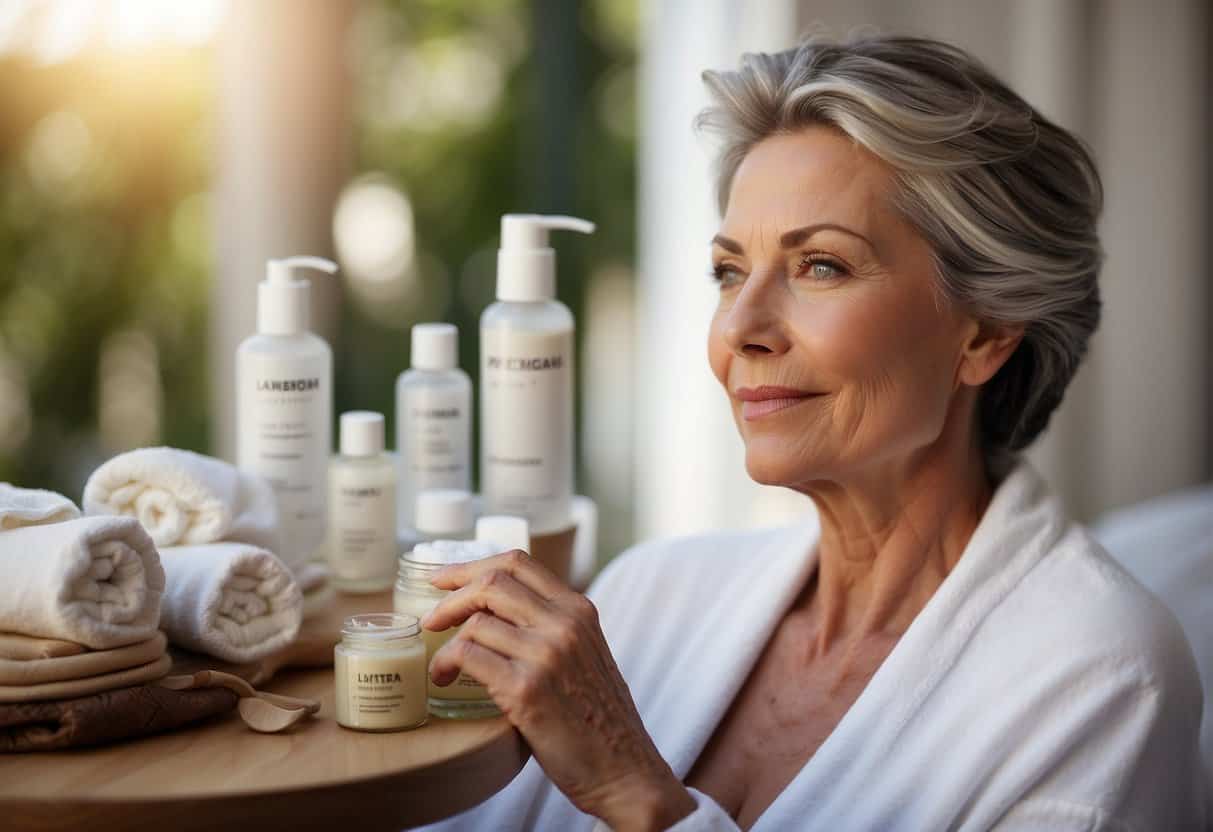 A serene, mature woman enjoying a spa-like environment with specialized skincare products and tools for menopausal skincare