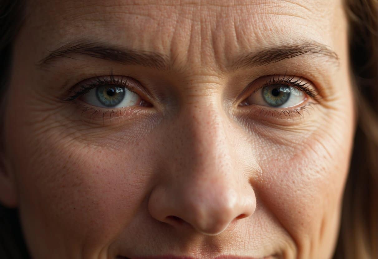 A woman's face shows fatigue, hot flashes, and mood swings, indicating early menopause