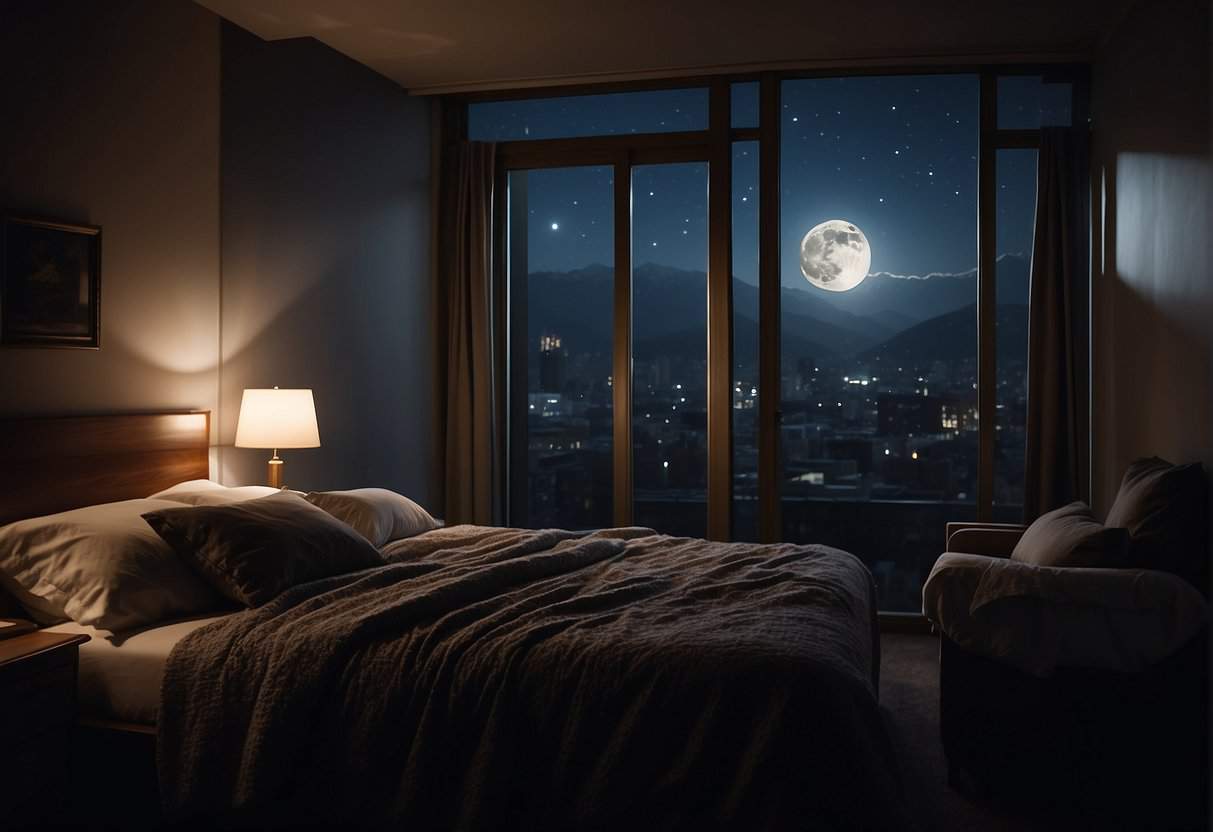 A restless figure tosses and turns in bed, surrounded by a dimly lit room. The moonlight filters through the window, casting shadows on the walls
