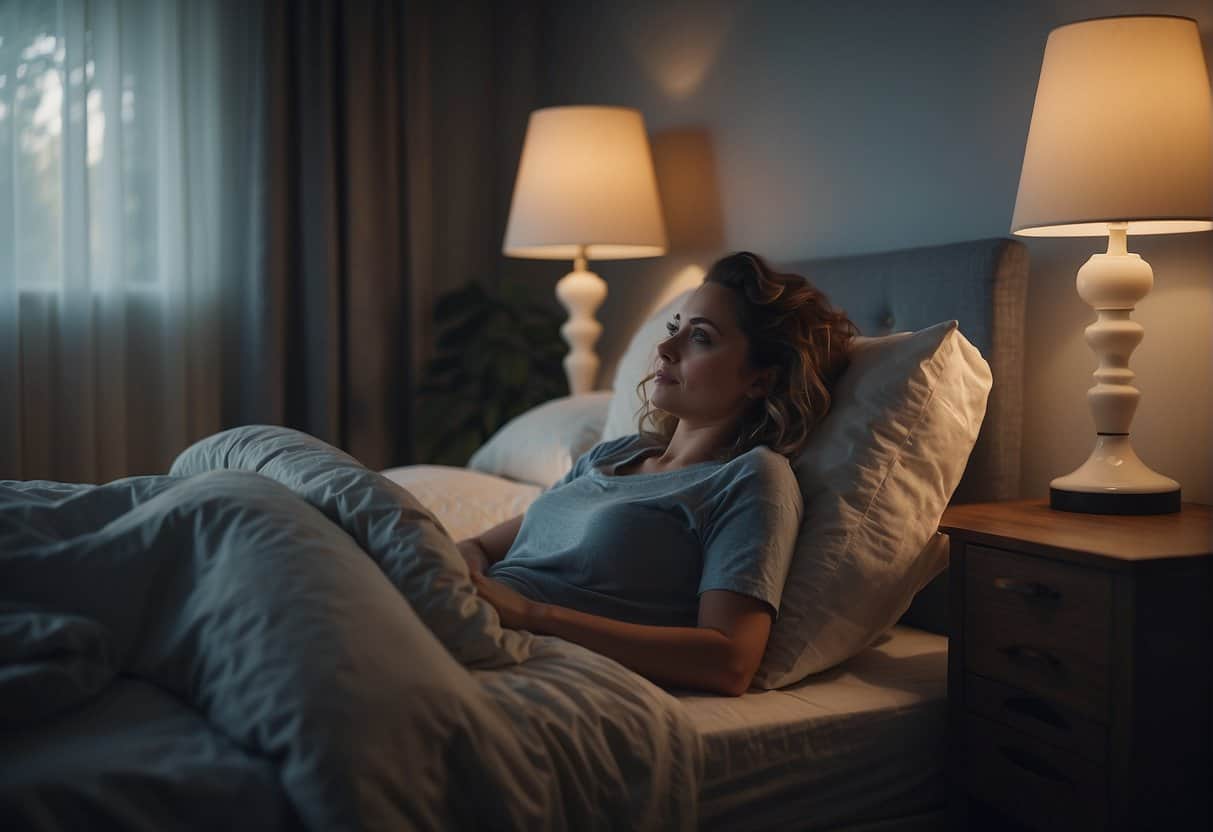 A woman lies awake in bed, surrounded by pillows and a fan. She tosses and turns, unable to find a comfortable position, as the clock on the nightstand ticks loudly in the quiet room