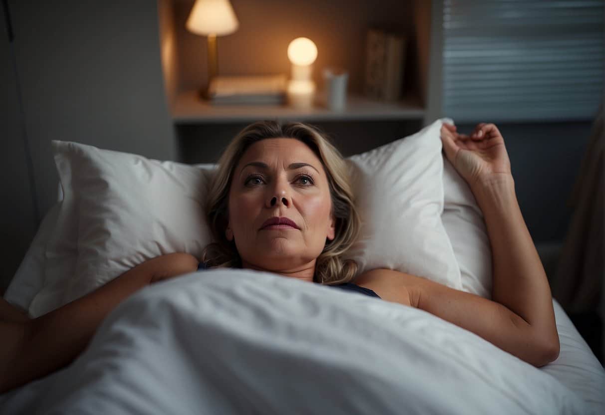 A woman lying in bed with eyes wide open, surrounded by various factors such as caffeine, stress, and hot flashes, all contributing to her sleeplessness during menopause