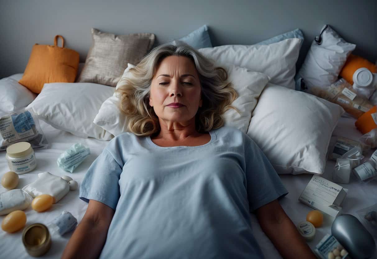 A woman surrounded by various sleep aids and medical interventions for menopause symptoms