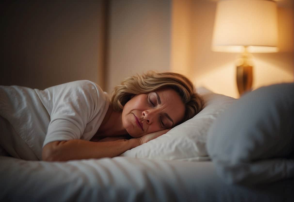 A woman peacefully sleeps as a soft, comforting glow from a sleep aid for menopause fills the room