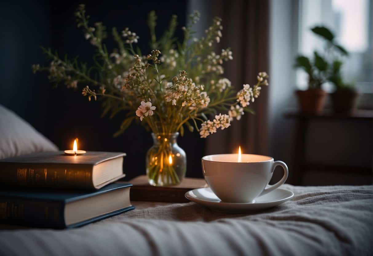 A serene bedroom with dim lighting, a cozy bed, and calming decor. A cup of herbal tea and a book on the nightstand