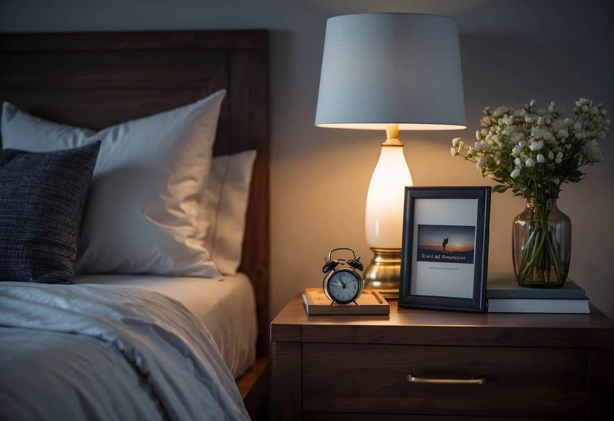 A serene bedroom with soft, dim lighting. A nightstand holds a book on menopause and a bottle of sleep aid. A comfortable bed with cool, breathable bedding