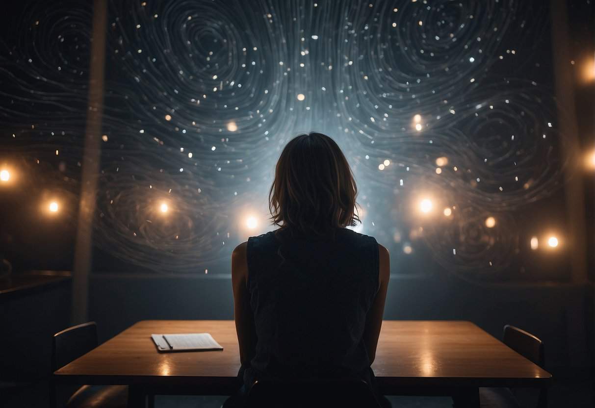 A woman sits in a dark room, surrounded by swirling thoughts and emotions. Her mind feels foggy, and she struggles to find clarity amidst the chaos