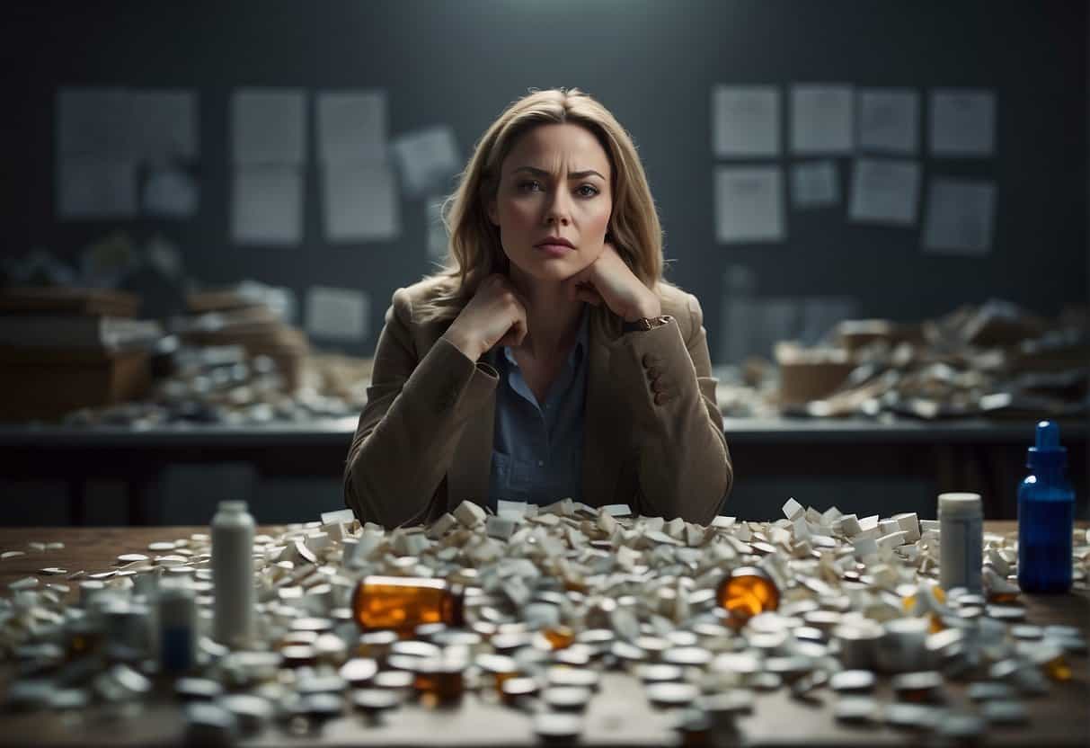 A woman sits alone, looking distressed with a furrowed brow and clenched jaw, surrounded by scattered papers and an empty pill bottle