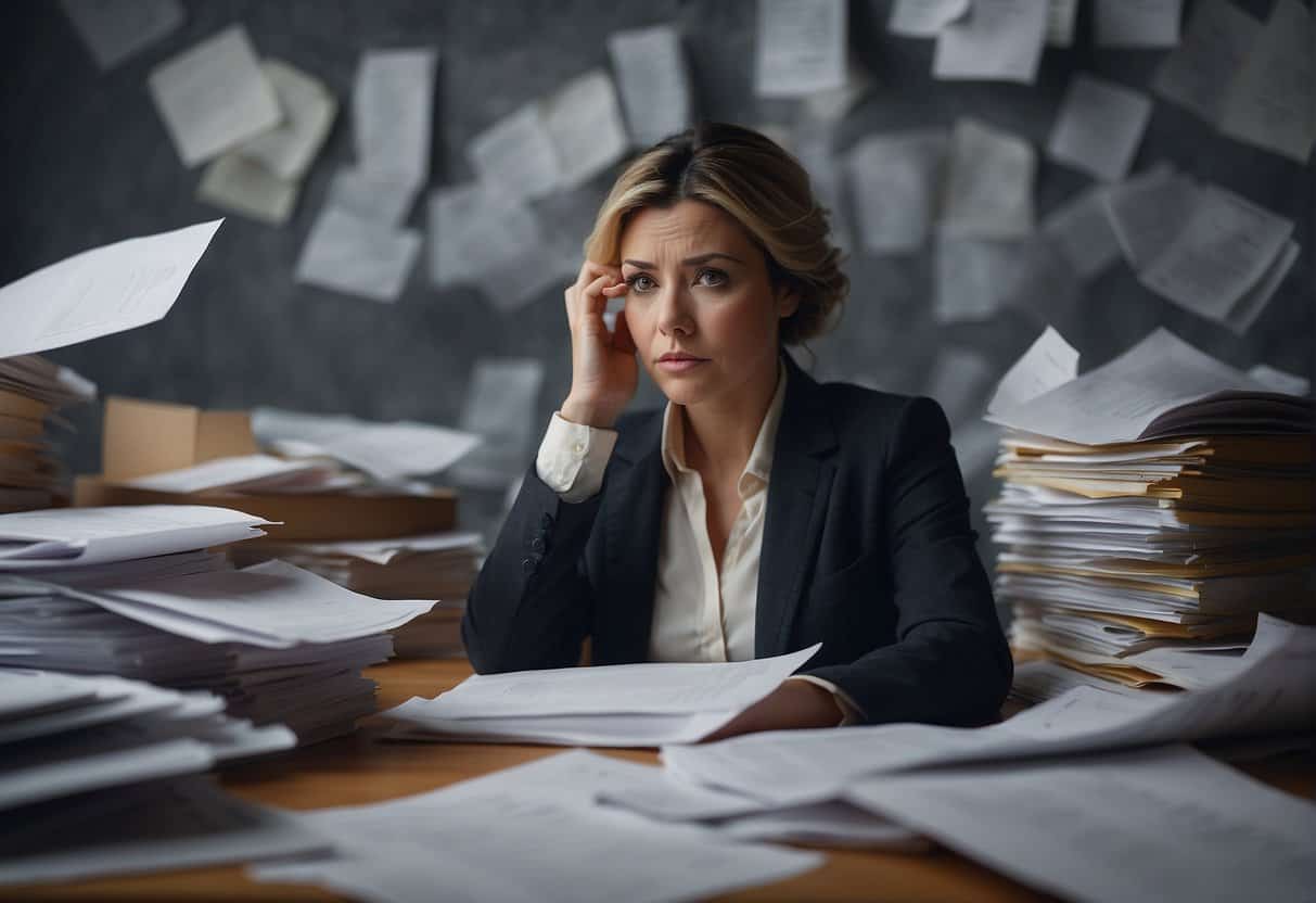 A woman sits at a desk, surrounded by scattered papers and a confused expression. She struggles to focus, her thoughts foggy and disjointed