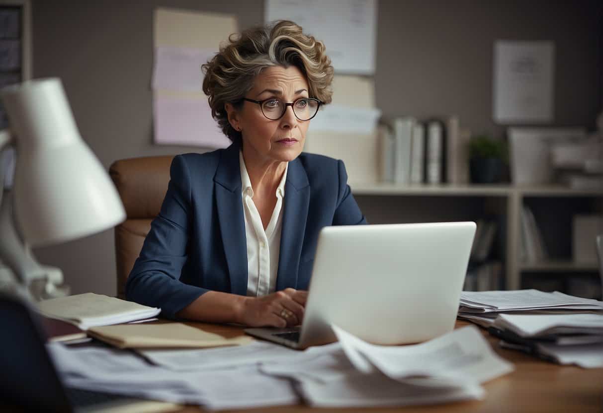 A woman sits at a desk, surrounded by papers and a computer screen. Her furrowed brow and confused expression depict the frustration of menopause brain fog