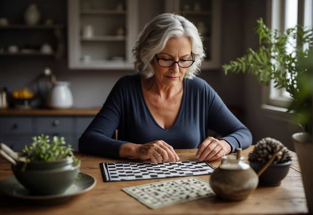 A woman taking herbal supplements and doing crossword puzzles to combat menopause brain fog