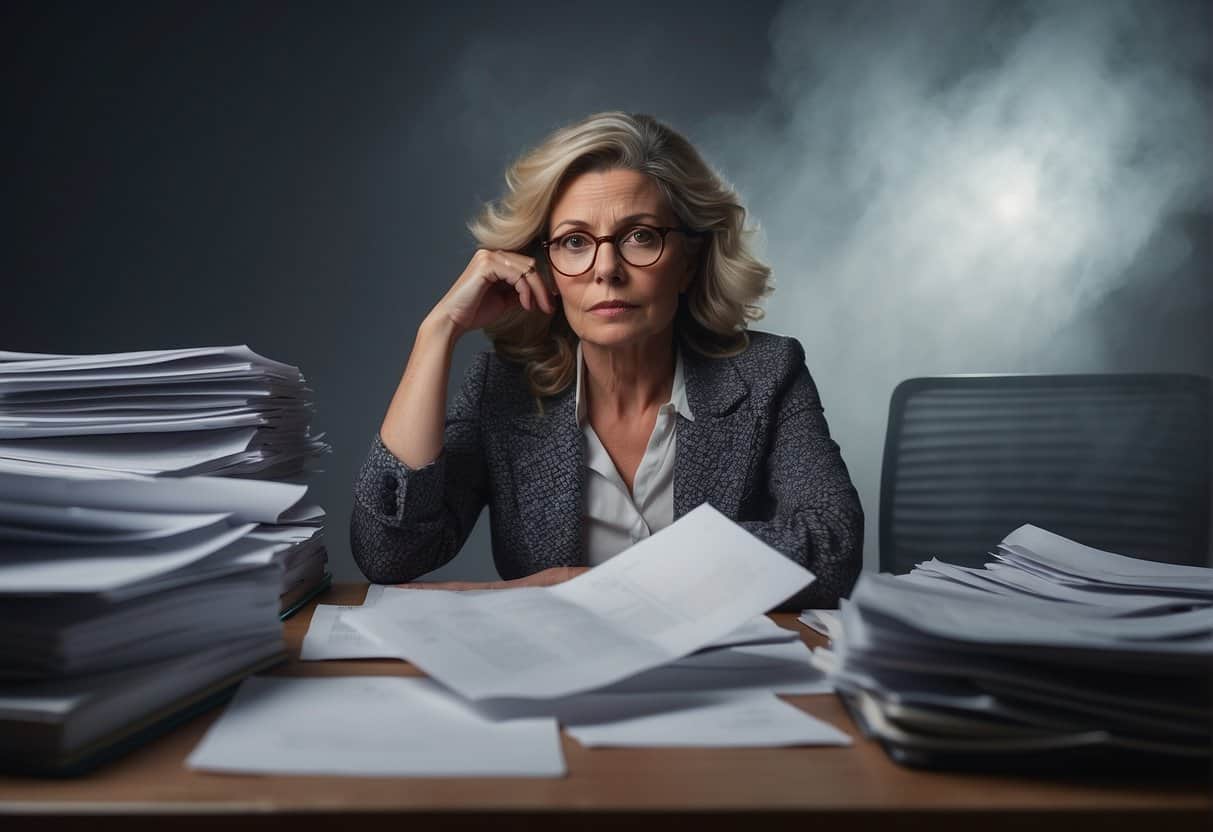 A woman sits at a desk, surrounded by scattered papers and a confused expression. A foggy haze fills the air, symbolizing the mental confusion of menopause brain fog