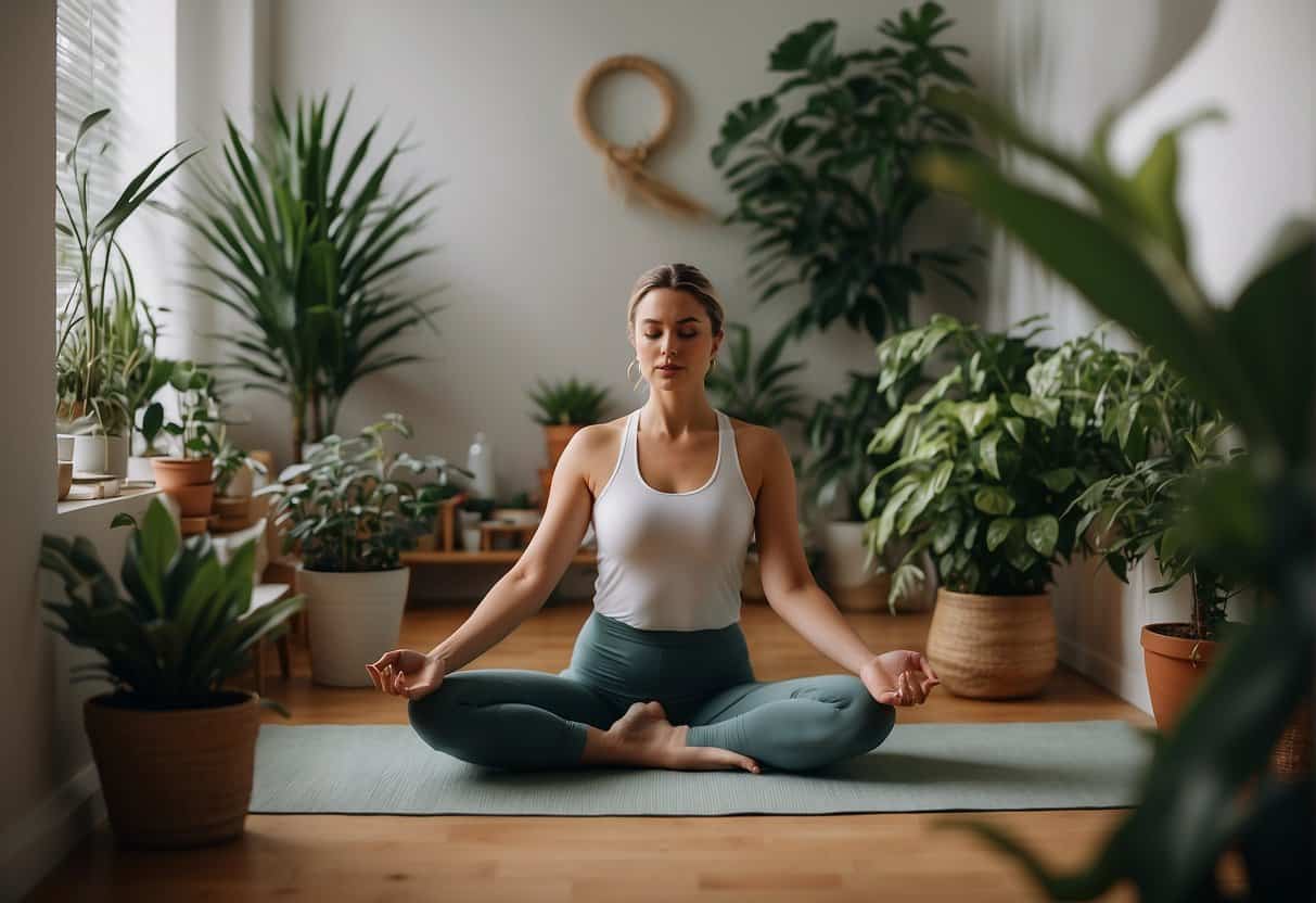 A serene woman practices yoga in a bright, clutter-free room with plants, natural light, and calming decor