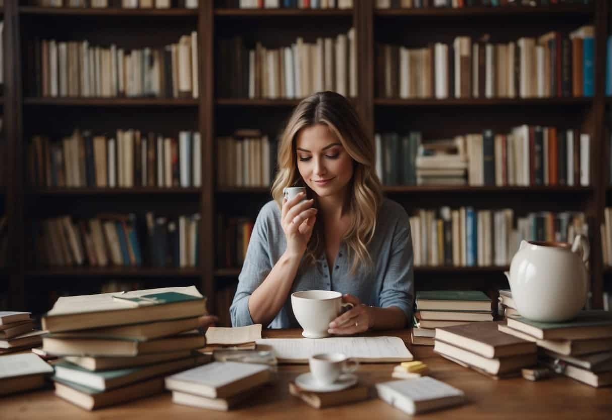 A woman surrounded by books and puzzles, with a cup of herbal tea and a notepad, engaging in cognitive exercises and mindfulness practices