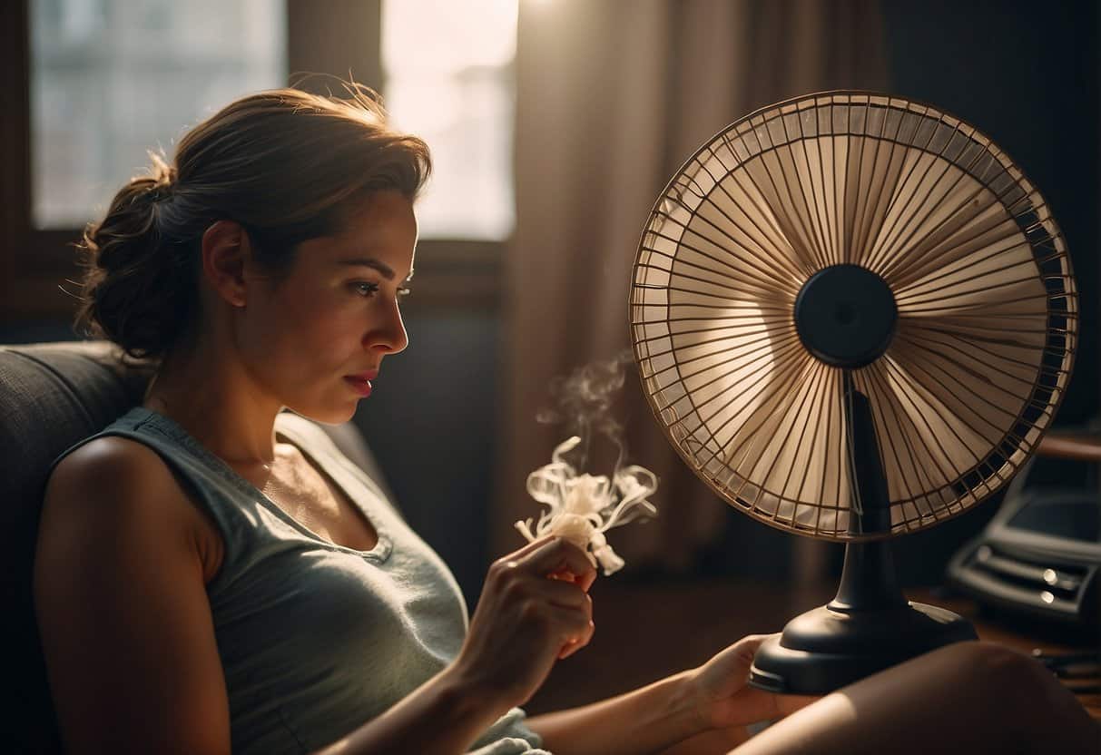 A woman sits in front of a fan, fanning herself with a hand-held fan, her face flushed with sweat as she experiences a hot flash
