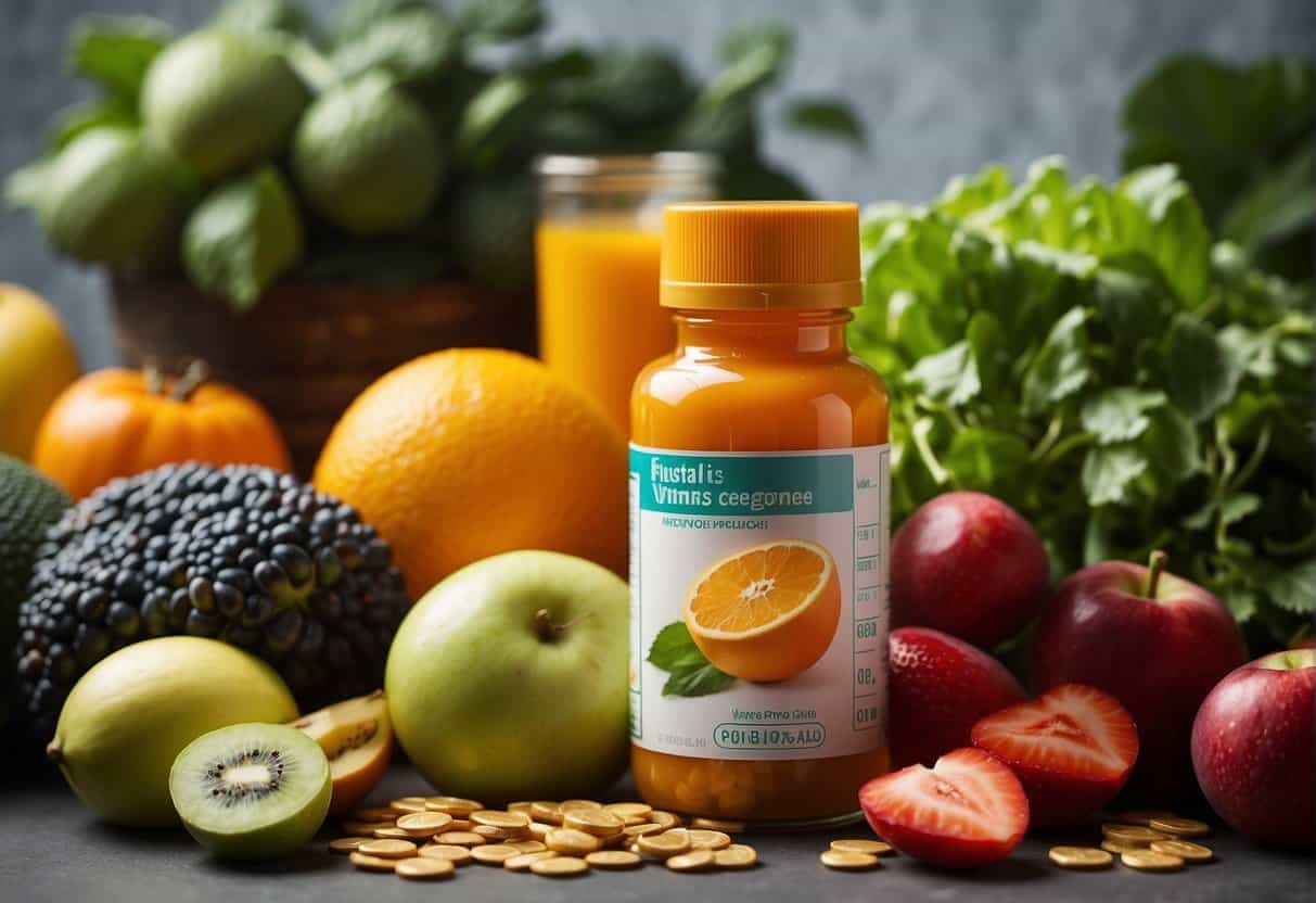 A bottle of menopause vitamins surrounded by various fruits and vegetables, with a measuring tape wrapped around them to symbolize weight gain