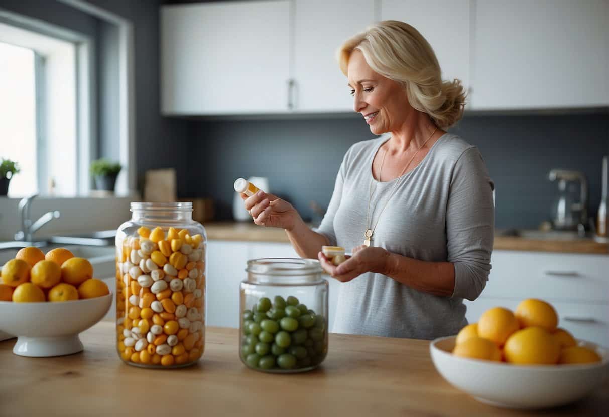 A woman takes vitamins to manage menopause-related weight gain