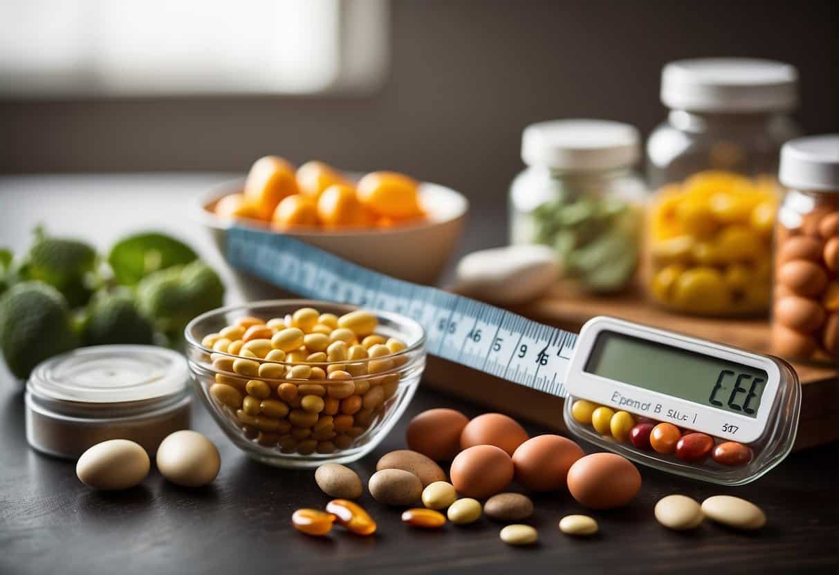 A table filled with various vitamins and supplements, alongside a measuring tape and a scale. A diagram showing the progression of weight gain and its impact on health