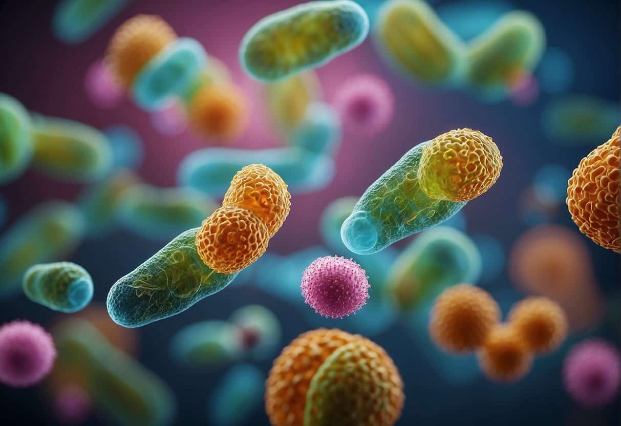 A diverse group of healthy bacteria floating in the air, spreading their positive effects beyond the gut, targeting menopause and aiding in weight loss