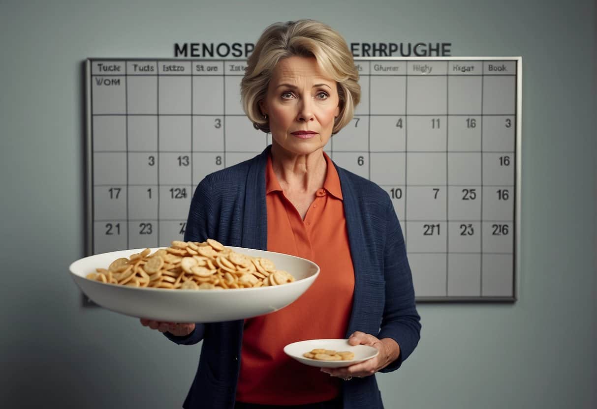 A middle-aged woman stands on a scale, looking frustrated. Her clothes are tight, and she holds a plate of unhealthy food. A calendar on the wall shows the word "menopause" circled in red