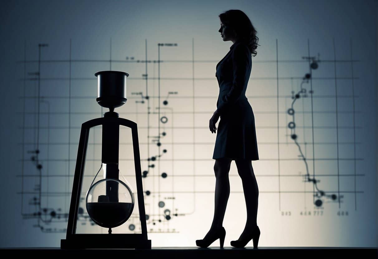 A woman's silhouette stands on a scale, with a puzzled expression. A graph showing weight gain over time looms in the background