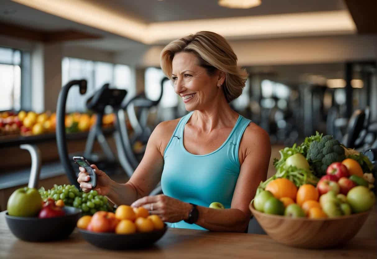 A woman in her mid-40s researching menopause and weight gain, surrounded by healthy food options and exercise equipment