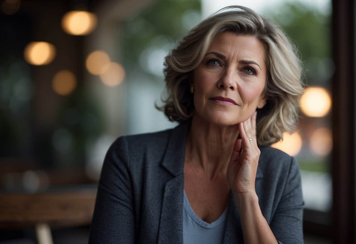 A woman experiencing hot flashes, mood swings, and fatigue seeks relief through hormone therapy for menopause symptoms