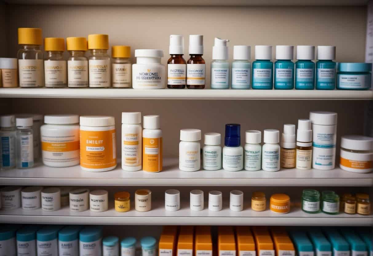 A variety of hormone therapy options for menopause, including pills, patches, and creams, displayed on a pharmacy shelf